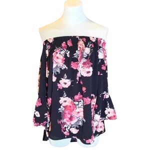 ⏰Feitong Black Pink Floral Off The Shoulder Blouse Bell Sleeve Size Large